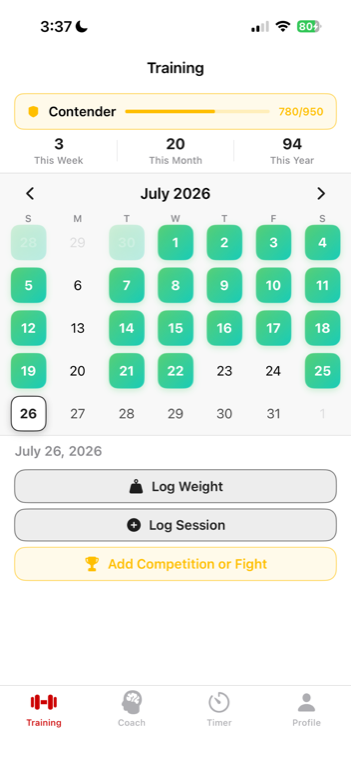 The Fight app training calendar showing logged sessions for the month